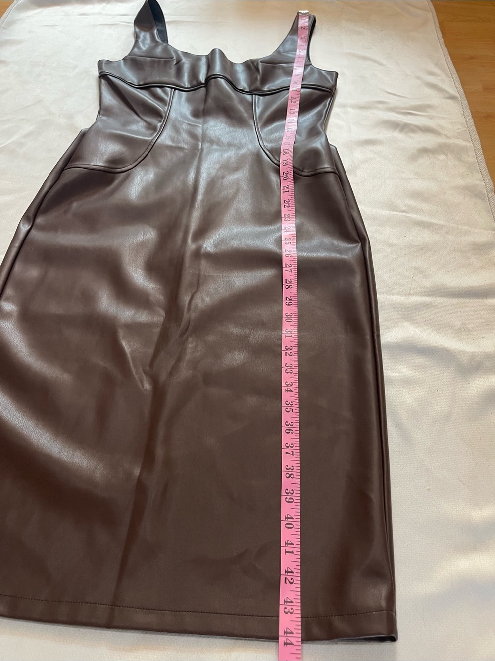 COMMENSE Dark Brown Tone Faux Leather Square Neck Midi Dress Size L NWT - Picture 14 of 16